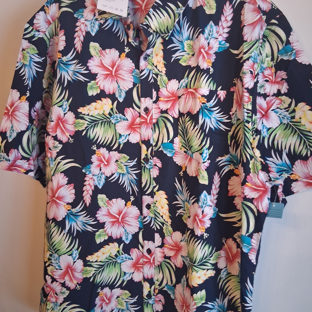 Men's Floral Hawaiian Dress Shirt - Navy with Pink Hibiscus